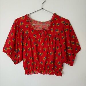Ginger Jones vintage, red, mixed fruit bowl, short sleeve crop, polyester top S